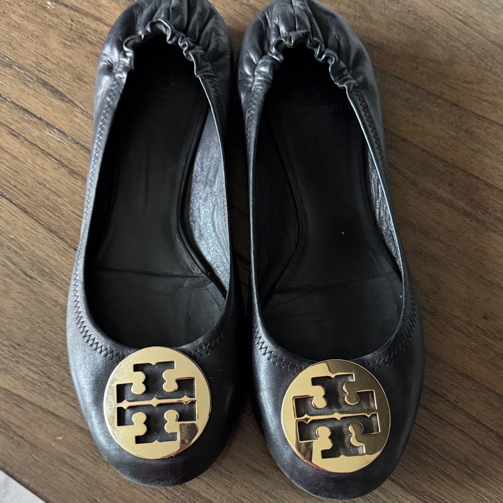 Tory Burch Black Leather Flats with Gold Logo